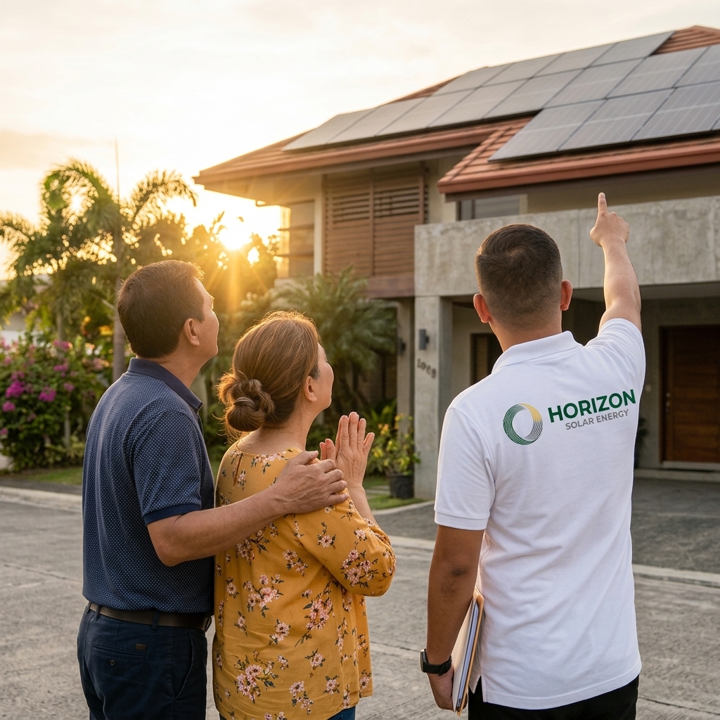 A Horizon Solar Energy installer showing a homeowner couple their new rooftop solar system